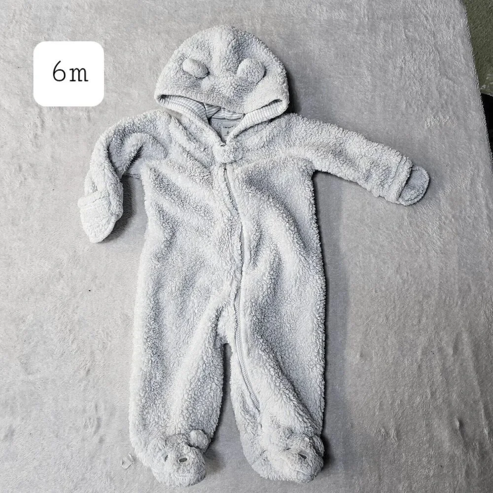 Carter's Teddy Fleece Snow‎ Suit Hooded One Piece Infant Size 6 Months Bear Ears